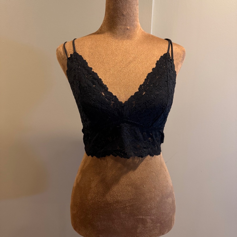 PINK Victoria's Secret Bralette Women L Black Lace Smocked Strappy Dark Romantic